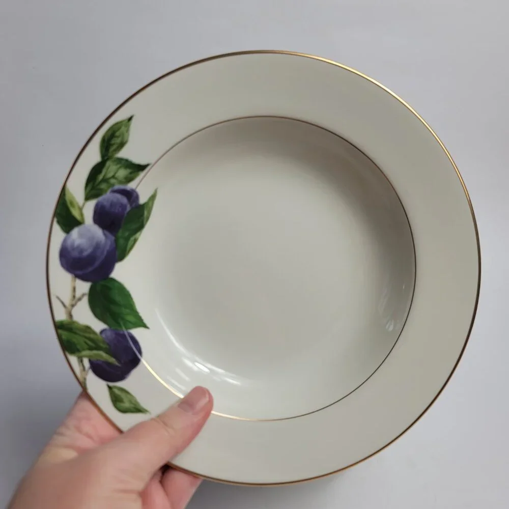 TWO Mikasa Plum L3132 Court Rim Soup Bowls White with Purple Plums Green Leaves